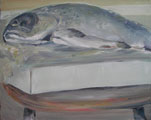 Forelle 2, Fisch auf Karton liegend, gemalt mit Ölfarben